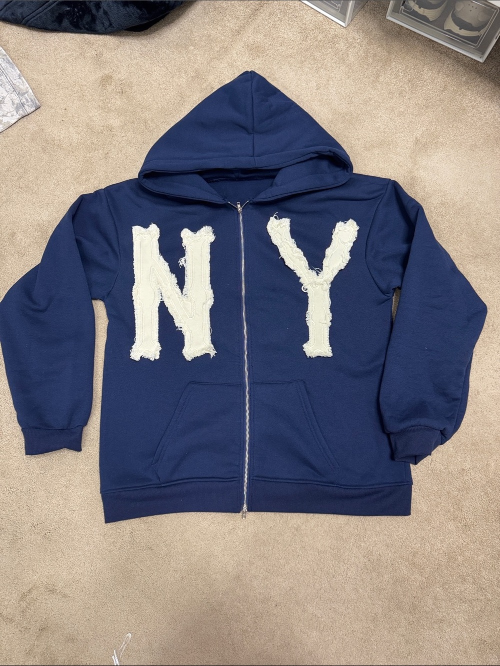 Navy Zip-Up Hoodie with White 'NY' Appliqué